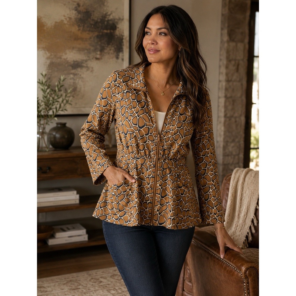 Soft Surroundings Giraffe Print Zip Front Peplum Jacket Camel Navy Small